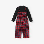 2PCS Toddler Girl  Solid Top/Avant-garde Grid/Houndstooth Hanging Strap Holiday Jumpsuit Sets   image 3