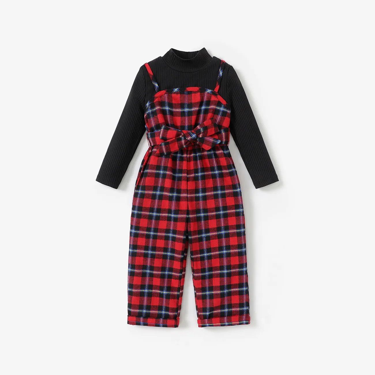 2PCS Toddler Girl  Solid Top/Avant-garde Grid/Houndstooth Hanging Strap Holiday Jumpsuit Sets   big image 1