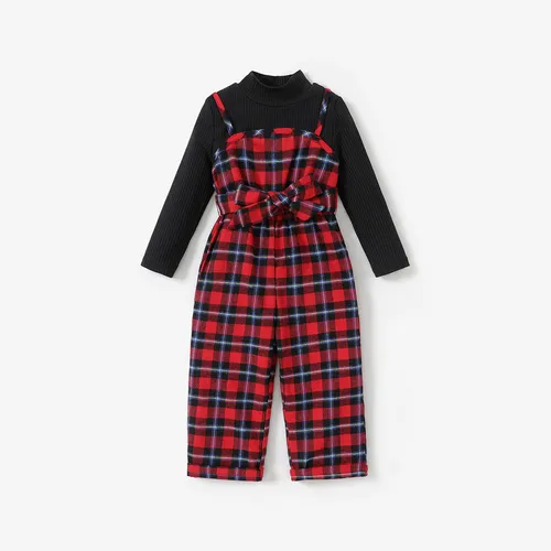 2PCS Toddler Girl  Solid Top/Avant-garde Grid/Houndstooth Hanging Strap Holiday Jumpsuit Sets 
