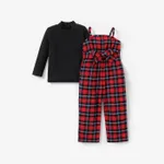 2PCS Toddler Girl  Solid Top/Avant-garde Grid/Houndstooth Hanging Strap Holiday Jumpsuit Sets   image 2