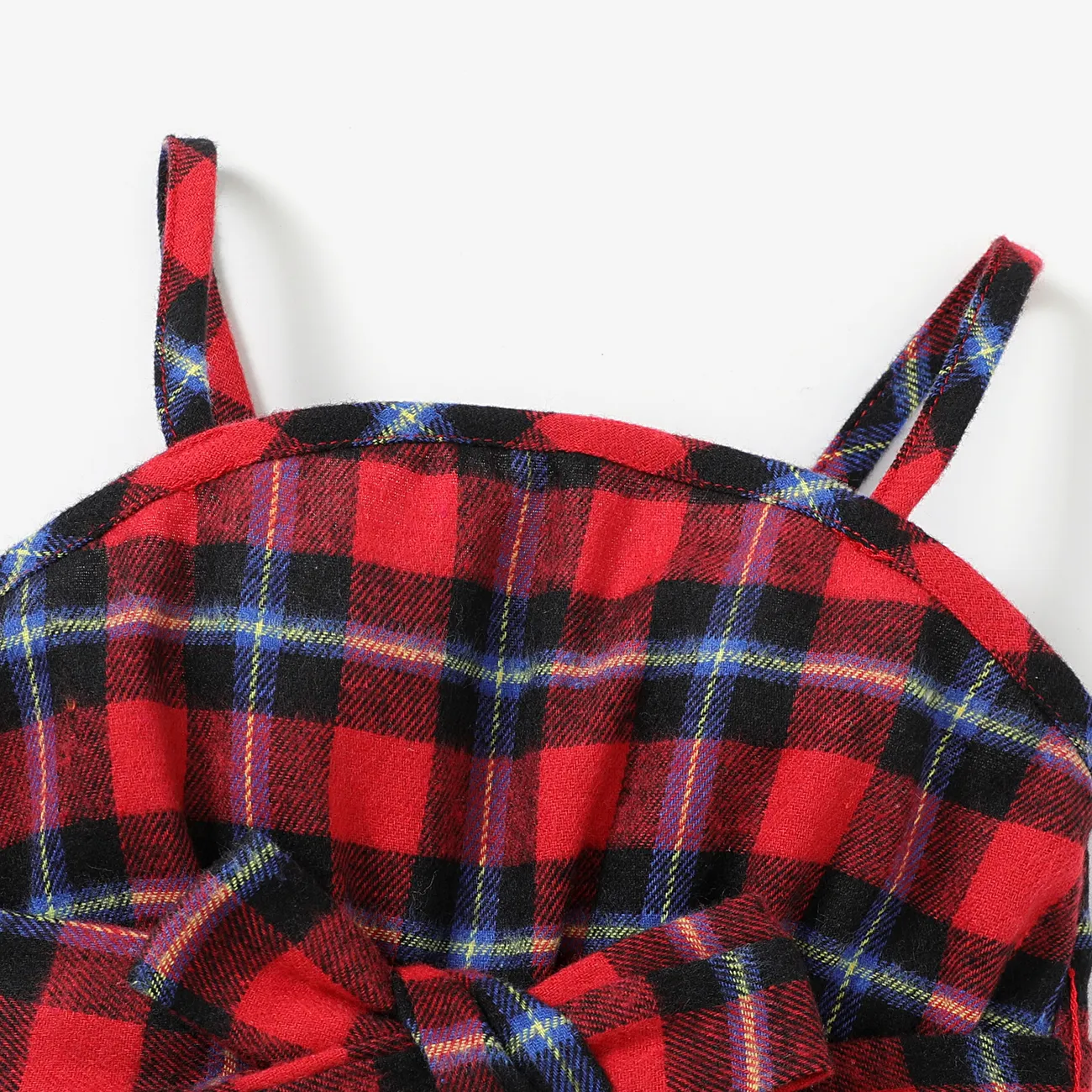 2PCS Toddler Girl  Solid Top/Avant-garde Grid/Houndstooth Hanging Strap Holiday Jumpsuit Sets  Red big image 1