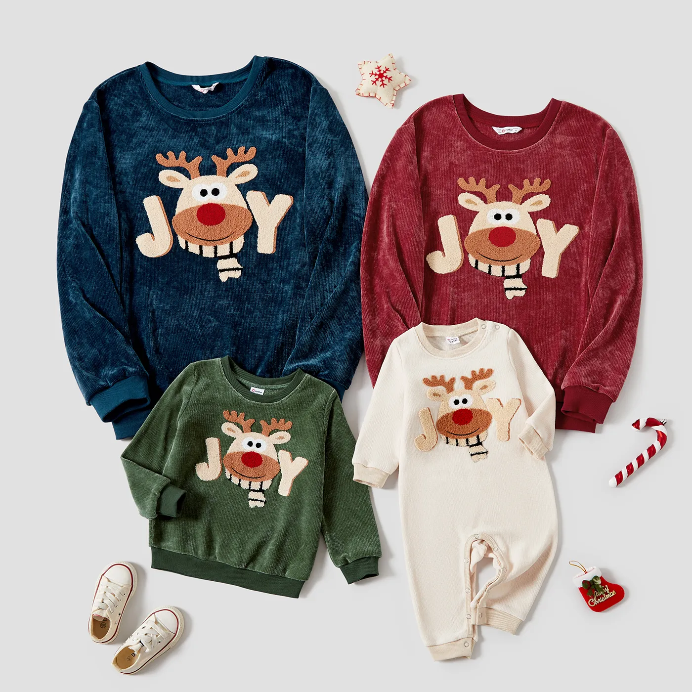 Christmas Family Matching Cartoon Embroidered Reindeer Long-sleeve Velvet Tops