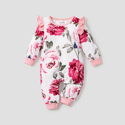 Floral Print Ruffled Long-sleeve Baby Jumpsuit