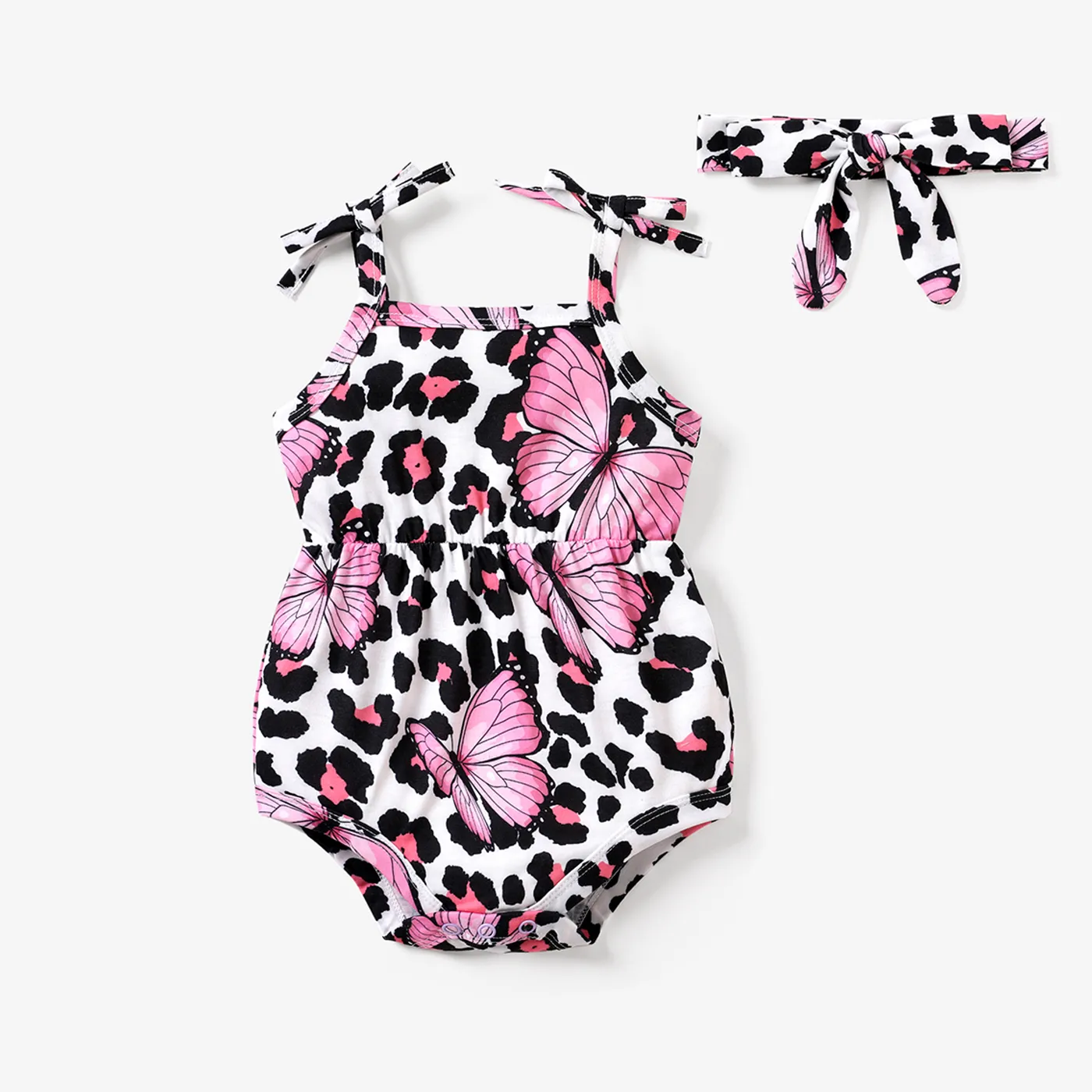 2pcs Baby Girl Allover Butterfly & Leopard Print Cami Romper & Headband Set Black big image 1