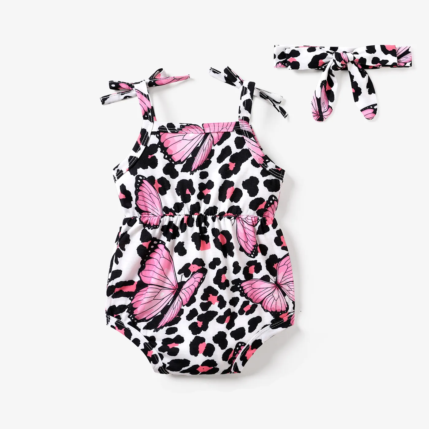 2pcs Baby Girl Allover Butterfly & Leopard Print Cami Romper & Headband Set Black image 2