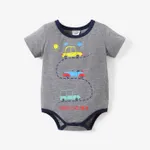 Baby Boy Cartoon Vehicle Print Grey/White/Colorful Striped Short-sleeve Romper MiddleAsh