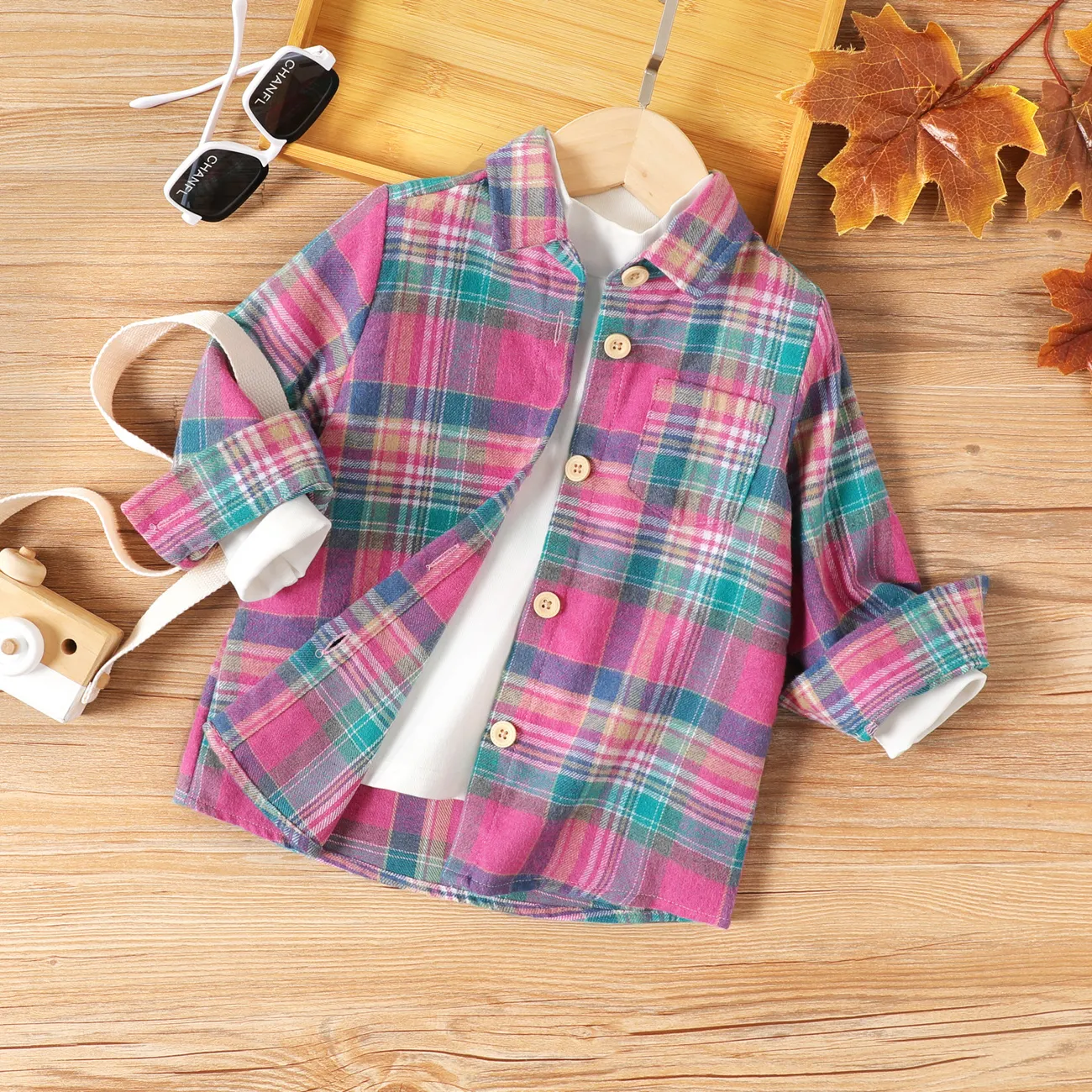 Toddler Girl Button Design Grid/Houndstooth Jacket Pink big image 1