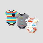 Baby Boy Cartoon Vehicle Print Grey/White/Colorful Striped Short-sleeve Romper  image 2