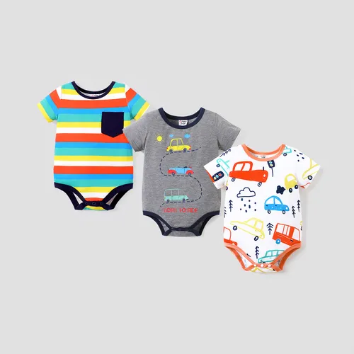 Baby Boy Cartoon Vehicle Print Grey/White/Colorful Striped Short-sleeve Romper