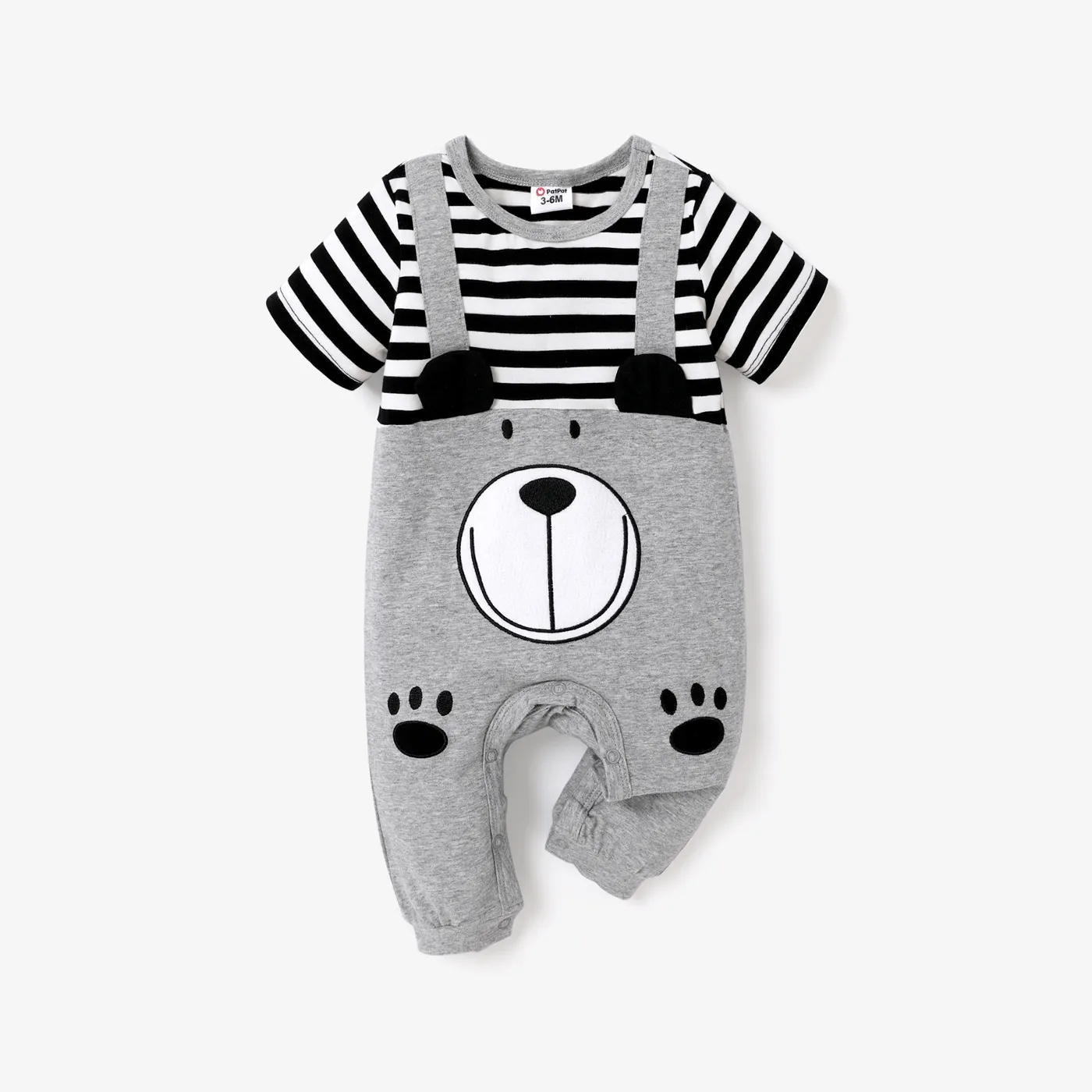 Baby Boy 95% Cotton Striped Short-sleeve Spliced 3D Ears Animal Graphic Jumpsuit ColorBlock big image 1