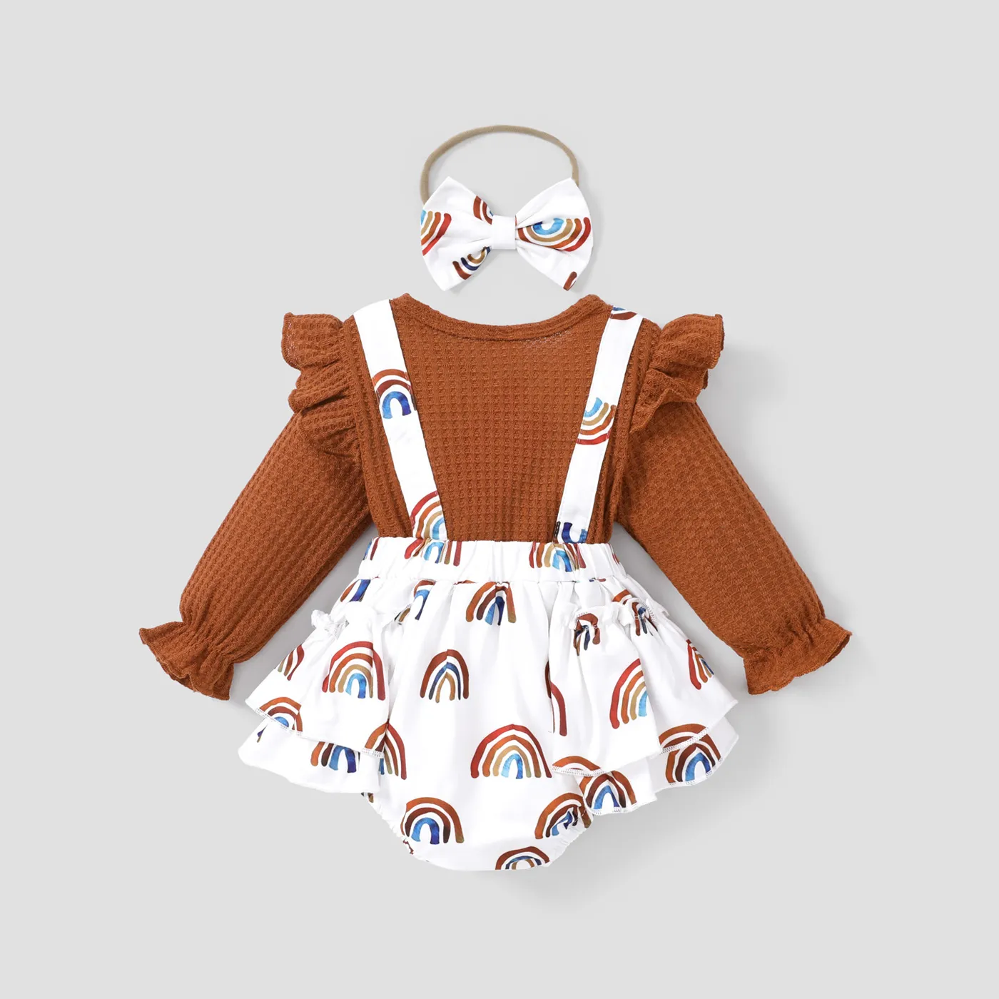 Baby 2pcs Waffle Rainbow Print Faux-two Ruffle Bowknot Long-sleeve Romper Brown image 2