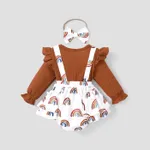 Baby 2pcs Waffle Rainbow Print Faux-two Ruffle Bowknot Long-sleeve Romper Brown image 2