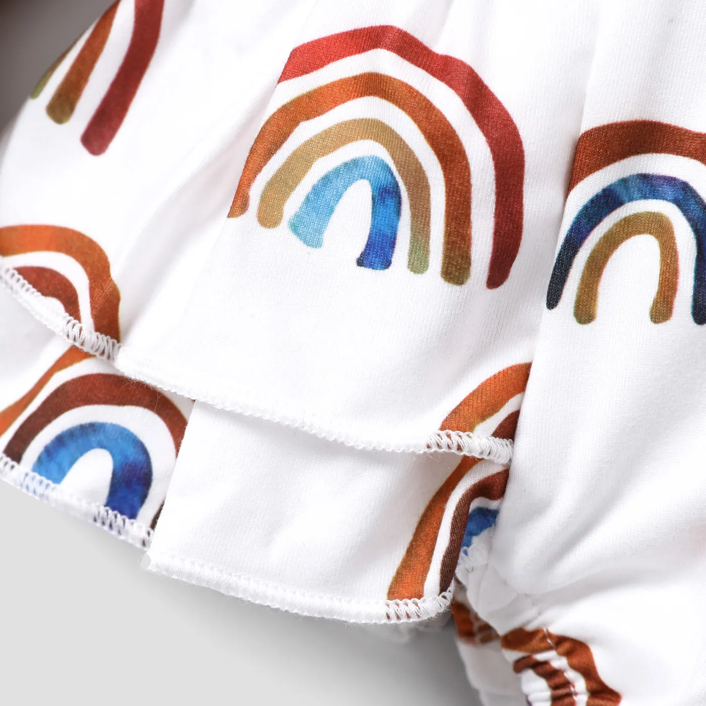 Baby 2pcs Waffle Rainbow Print Faux-two Ruffle Bowknot Long-sleeve Romper Brown image 5