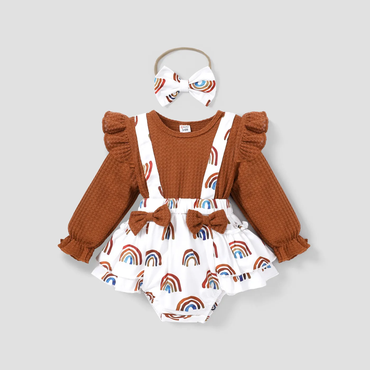 Baby 2pcs Waffle Rainbow Print Faux-two Ruffle Bowknot Long-sleeve Romper Brown big image 1