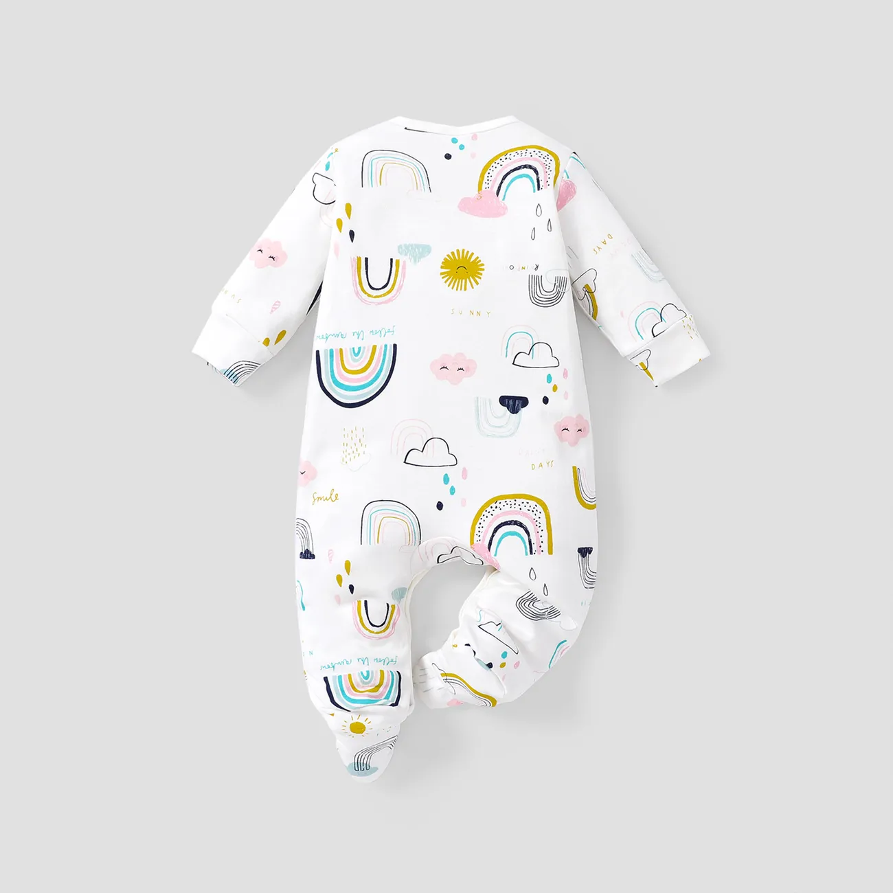 100% Cotton Rabbit Embroidery or Rainbow Print Footed/footie Long-sleeve Baby Jumpsuit White big image 1