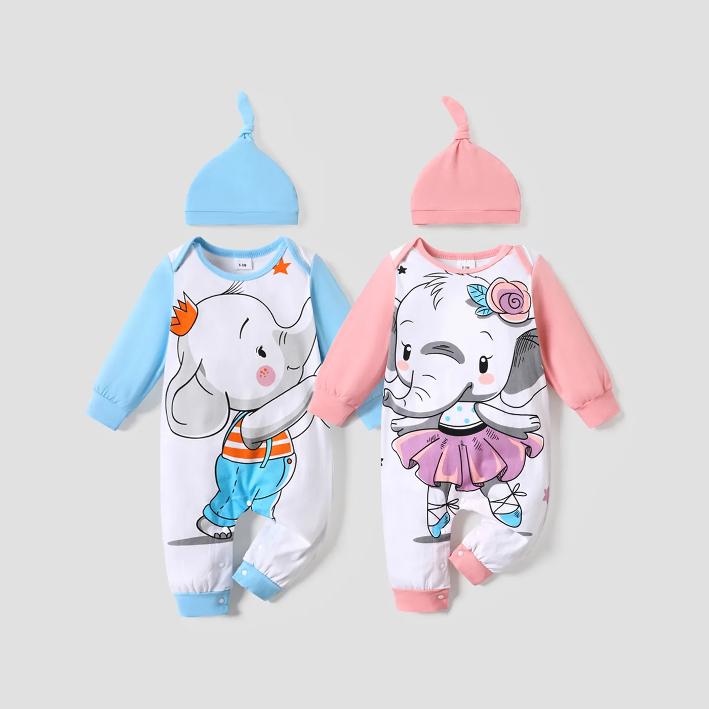 2pcs Baby Cartoon Elephant Print Long-sleeve Cotton Jumpsuit Set Light Pink image 2