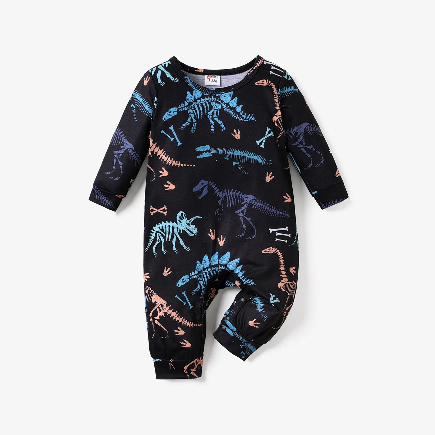 Baby Boy All Over Dinosaur Print Long-sleeve Jumpsuit Black big image 1