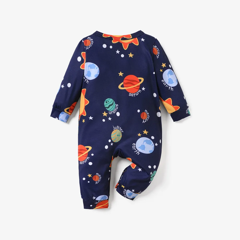 Baby Boy All Over Solar System Planets and Letter Print Dark Blue Long-sleeve Jumpsuit  big image 2
