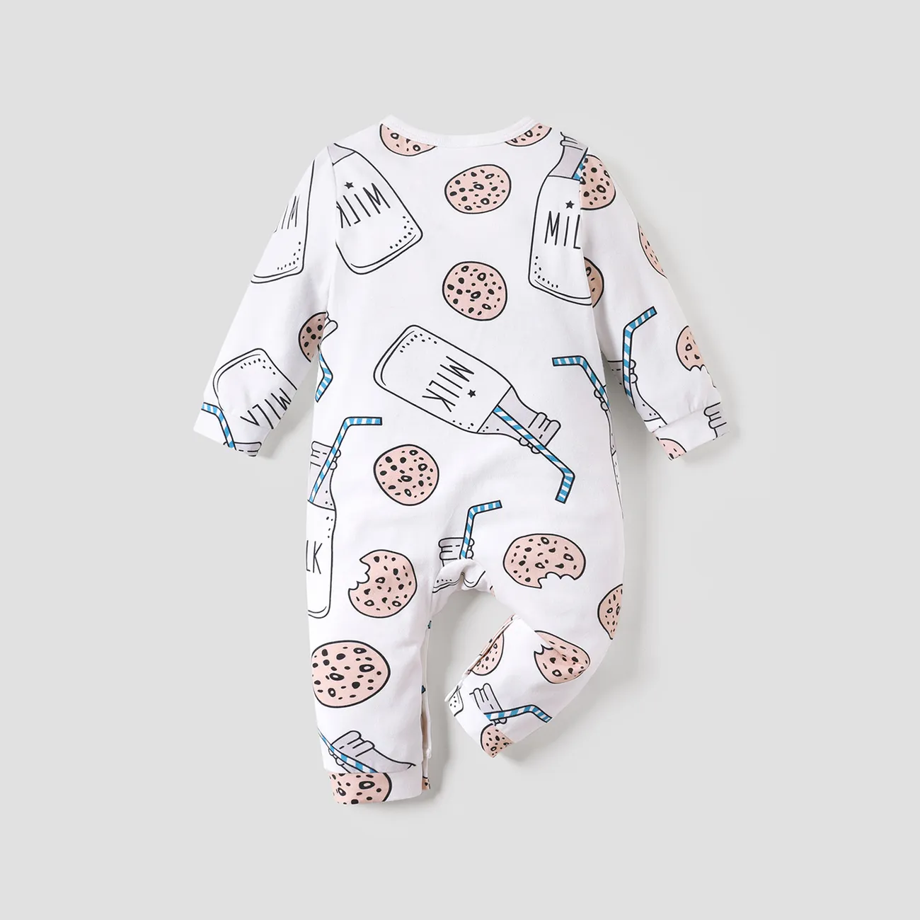 Baby Boy/Girl Cotton Long-sleeve Allover Cookie & Milk Bottle Print Jumpsuit White big image 1
