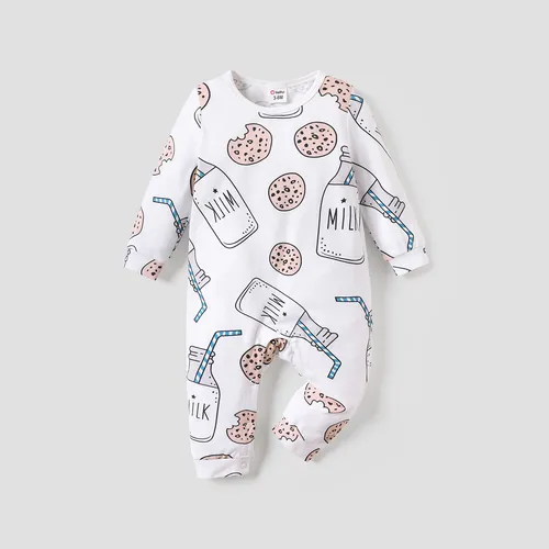 Baby Boy/Girl Cotton Long-sleeve Allover Cookie & Milk Bottle Print Jumpsuit