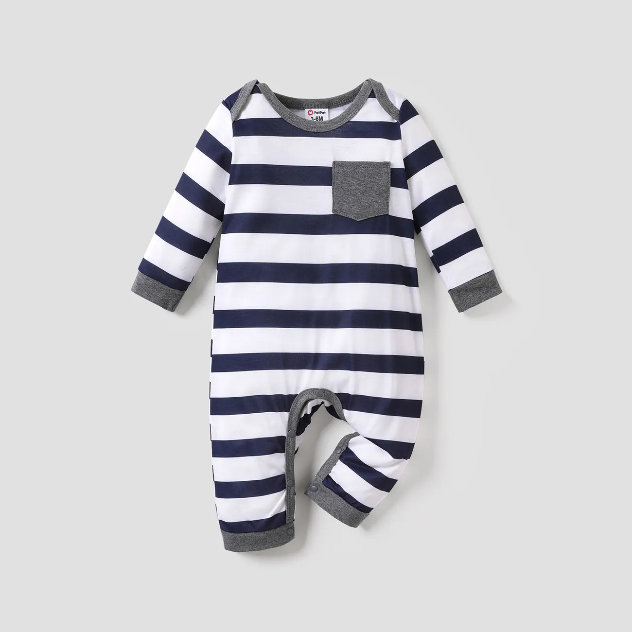 Baby Boy All Over Striped/Star Print Long-sleeve Jumpsuit Dark Blue/white big image 1