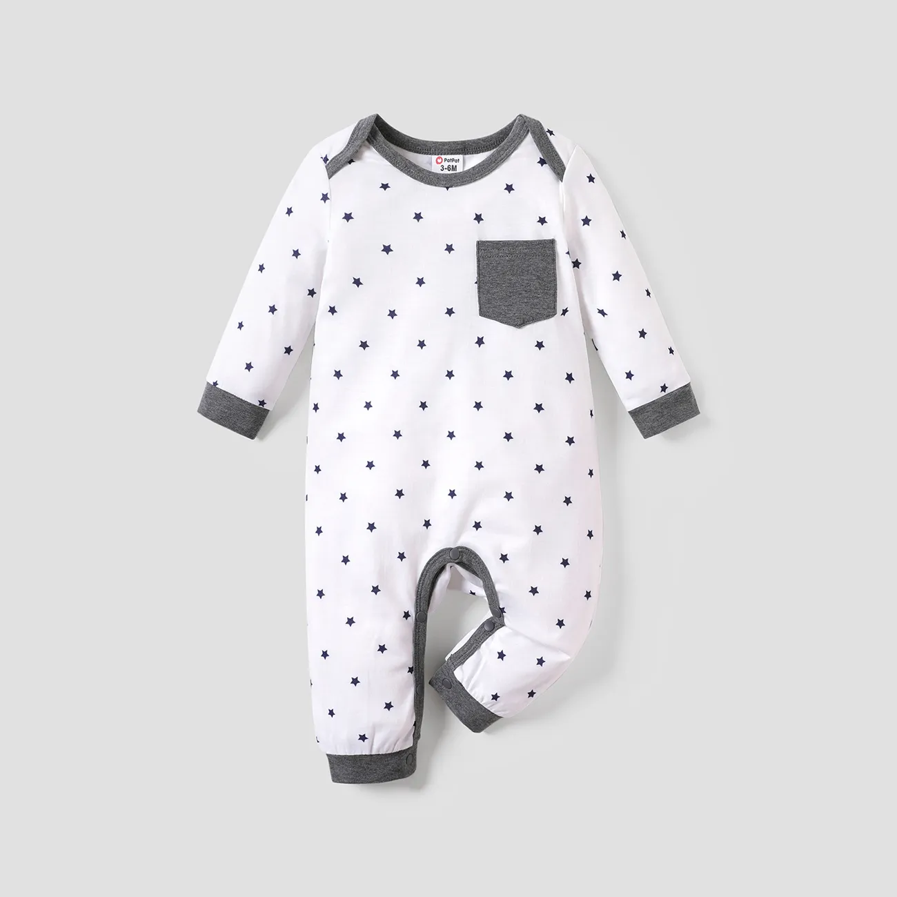 Baby Boy All Over Striped/Star Print Long-sleeve Jumpsuit White big image 1