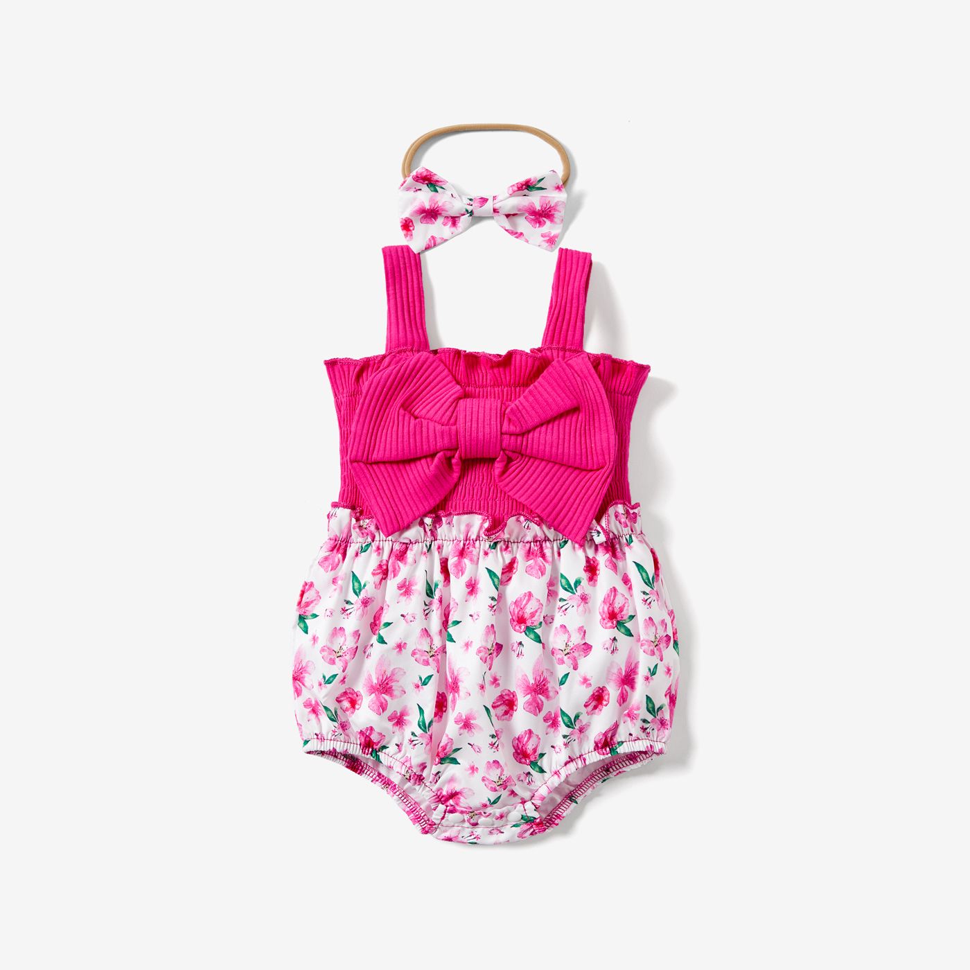2pcs Baby Girl 95% Cotton Ribbed Bowknot Splicing Floral Print Sleeveless Romper With Headband Set