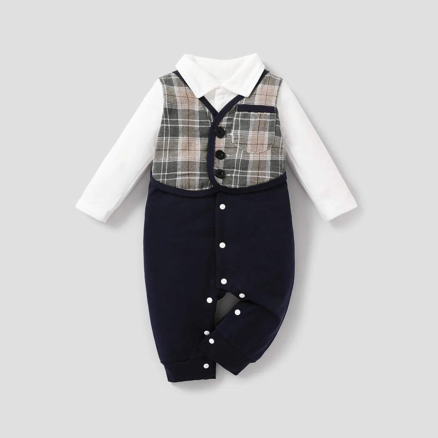 Baby Boy Classic Grid Long Sleeve Jumpsuit Dark Blue big image 1