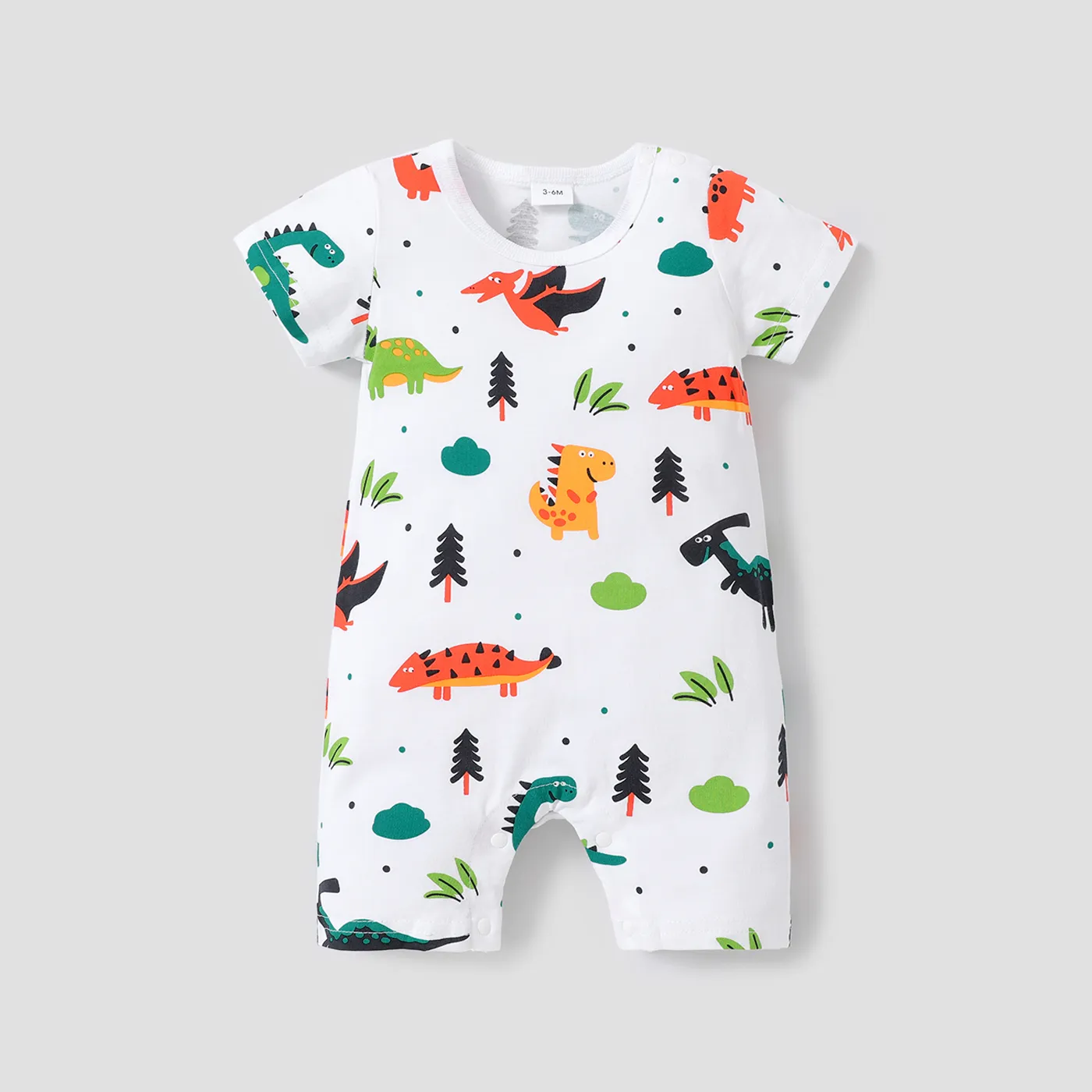 100% Cotton Baby Boy Allover Cartoon Dinosaur Print Short-sleeve Romper White big image 1