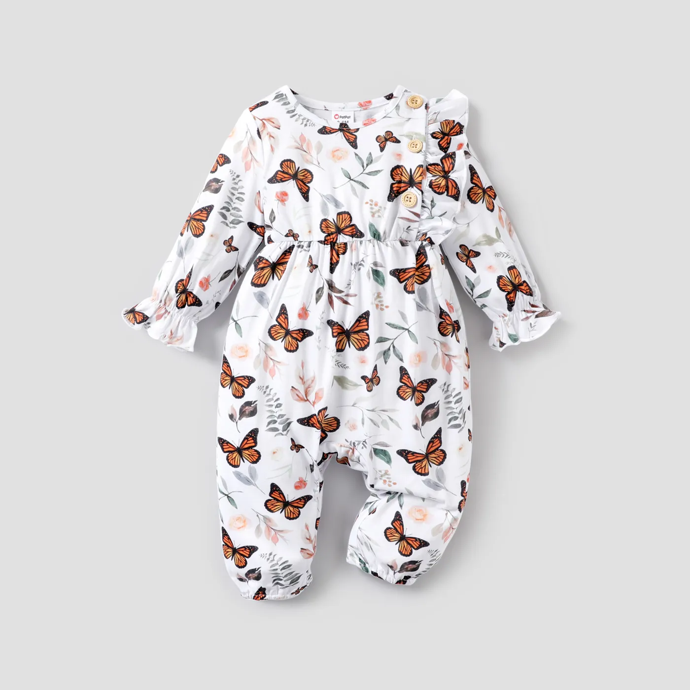 BABY GIRL Sweet Butterfly/Solid color/Floral print Jumpsuit, Soft Ruffle Edge, 1 Piece, Medium Thickness, Polyester Spandex Color block
