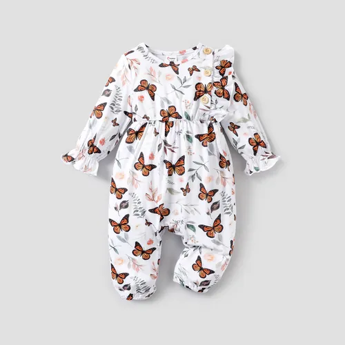 Macacão para bebê menina com manga longa, babados e estampa de borboletas marrons/brancas