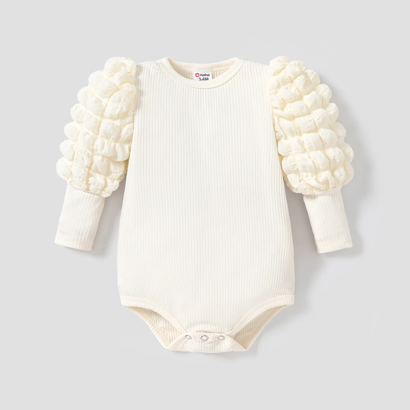 Baby Girl Solid Ribbed Spliced Gigot Sleeve Romper  image 1