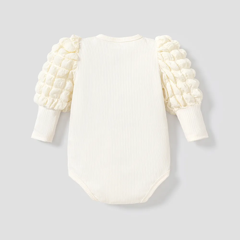 Baby Girl Solid Ribbed Spliced Gigot Sleeve Romper big image 2
