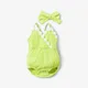 2pcs Baby Girl Floral Applique Design Cotton Ribbed Cami Romper & Headband Set Green
