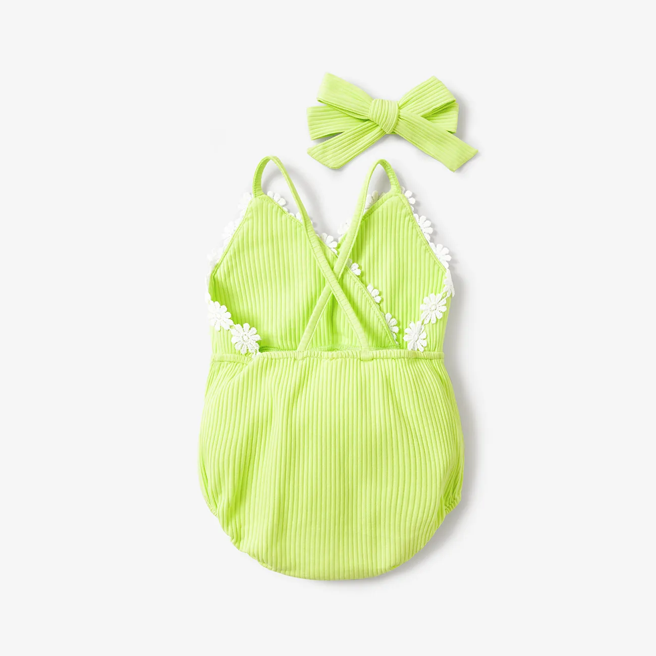 2pcs Baby Girl Floral Applique Design Cotton Ribbed Cami Romper & Headband Set Yellow big image 1