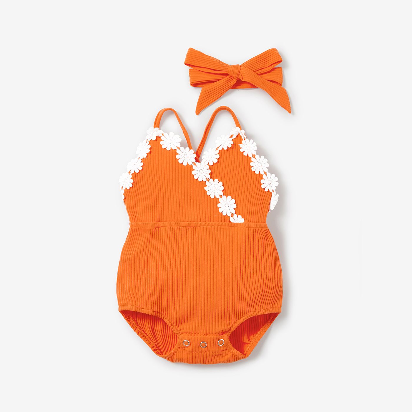 

2pcs Baby Girl Floral Applique Design Cotton Ribbed Cami Romper & Headband Set