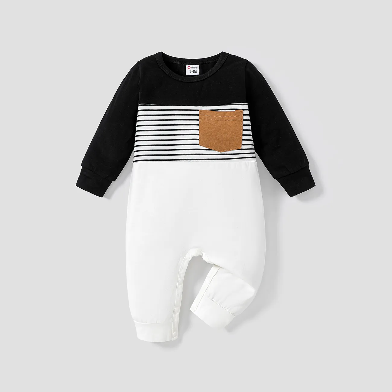 Baby Boy/Girl 95% Cotton Long-sleeve Striped Colorblock Jumpsuit Black big image 1