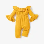 Baby Girl Solid Ribbed Off Shoulder Ruffle Bell Sleeve Jumpsuit Ginger