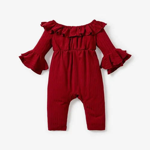 Baby Girl Solid Ribbed Off Shoulder Ruffle Bell Sleeve Jumpsuit