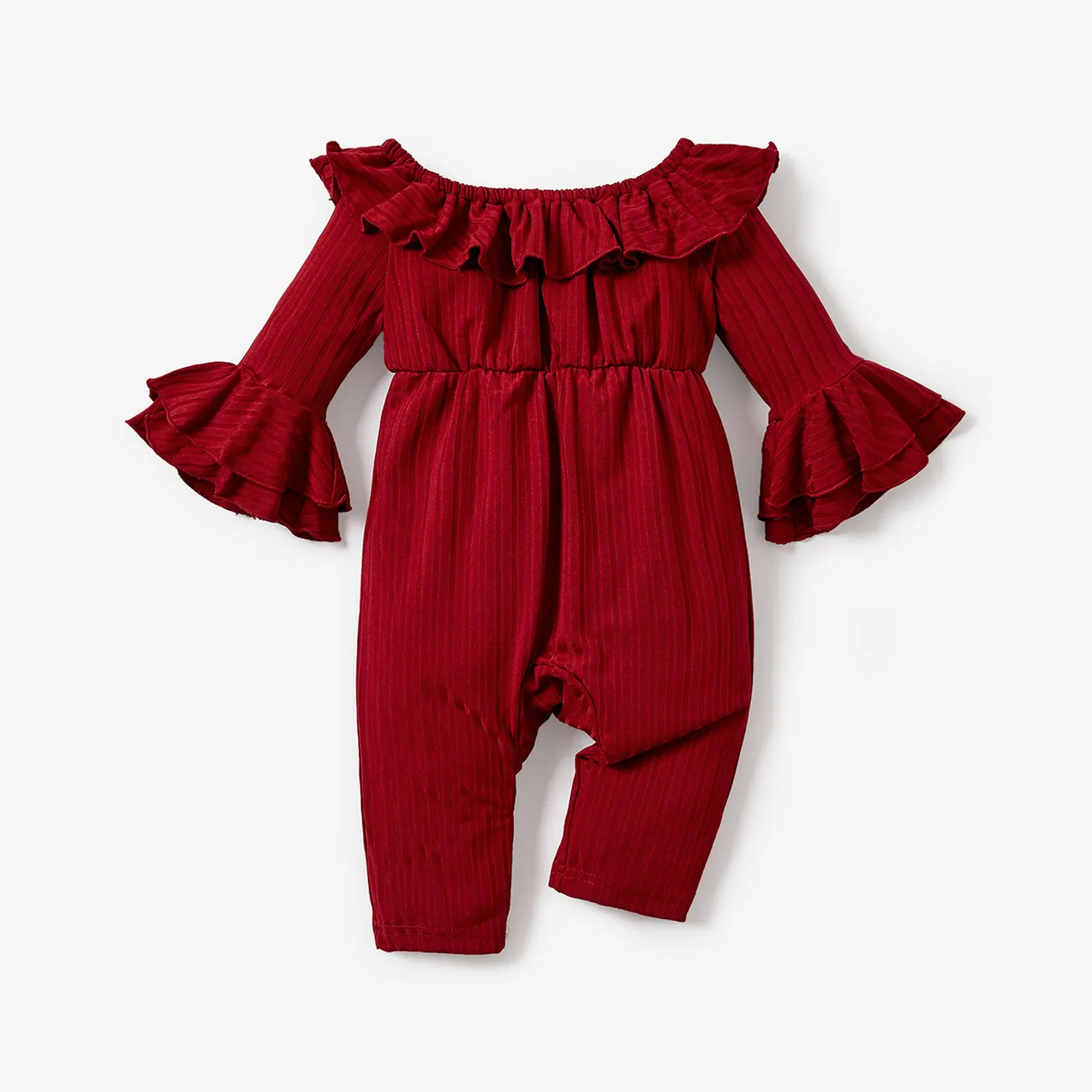 Baby Girl Solid Ribbed Off Shoulder Ruffle Bell Sleeve Jumpsuit Burgundy big image 1