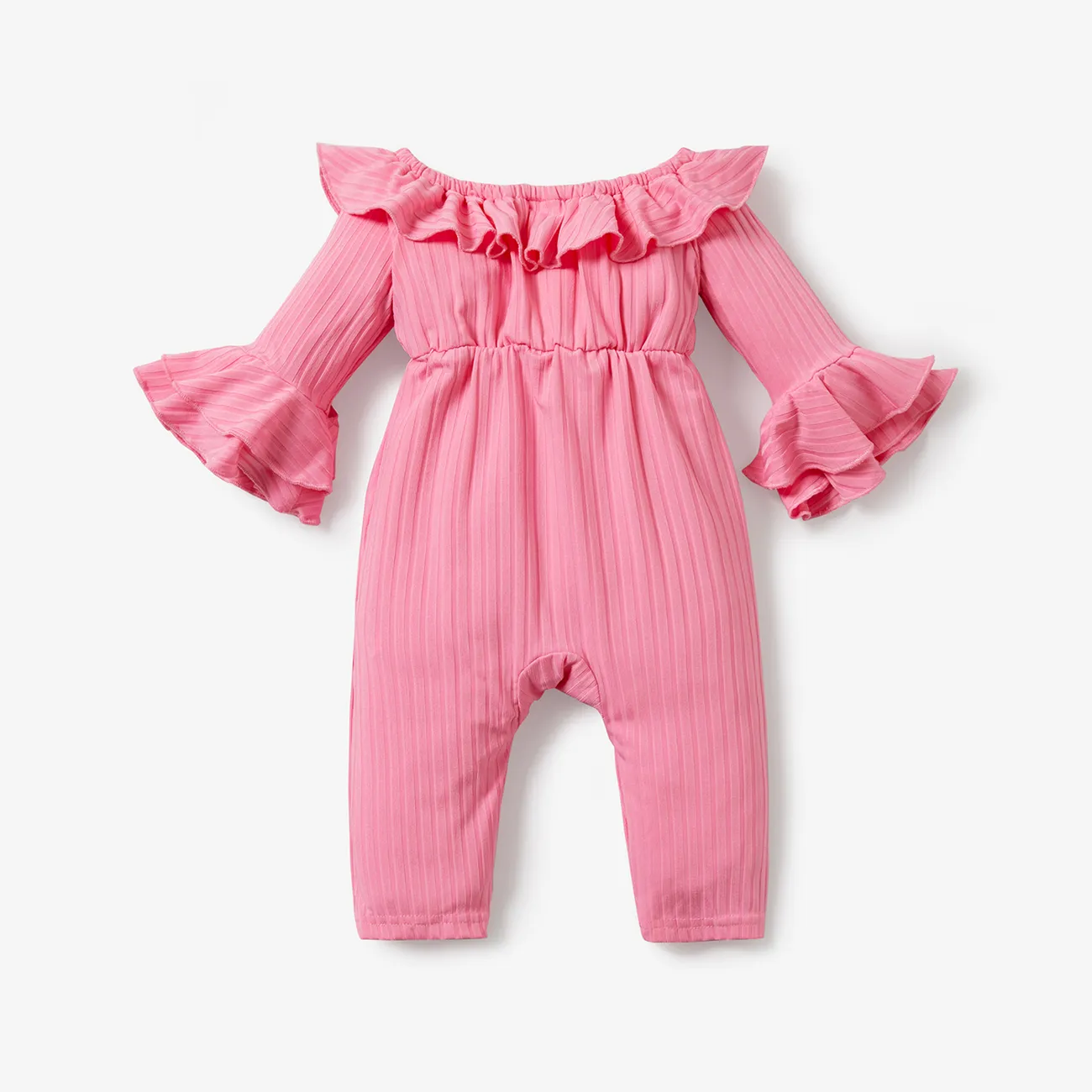 Baby Girl Solid Ribbed Off Shoulder Ruffle Bell Sleeve Jumpsuit Pink big image 1