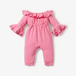 Baby Girl Solid Ribbed Off Shoulder Ruffle Bell Sleeve Jumpsuit Pink