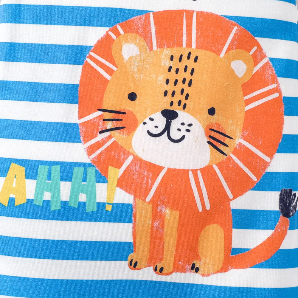 Baby Boy Cartoon Lion Print Blue Striped Short-sleeve Romper big image 4