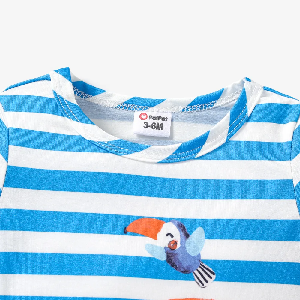 Baby Boy Cartoon Lion Print Blue Striped Short-sleeve Romper big image 3