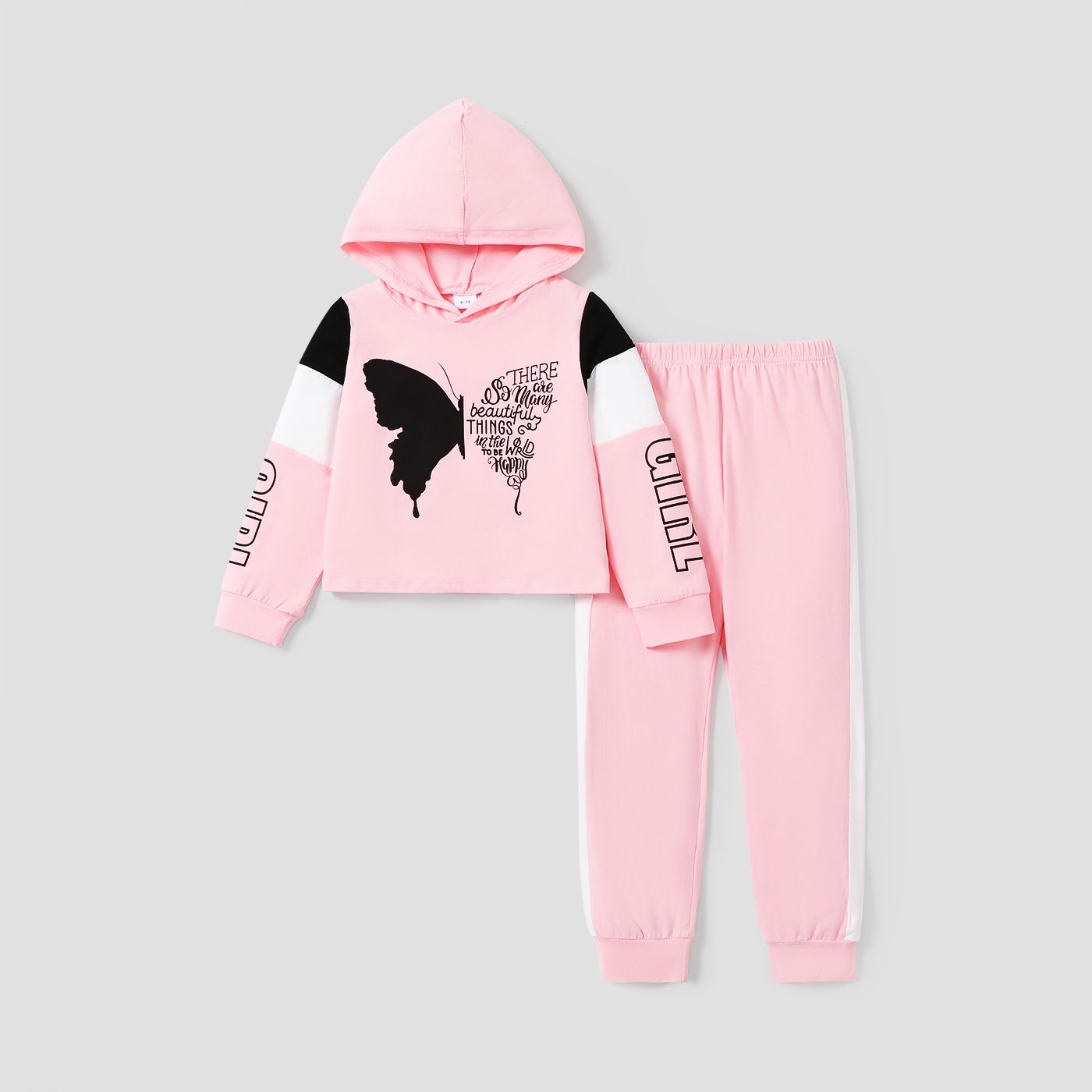 2-piece Kid Girl Butterfly Print Letter Hooded Sweatshirt And Pants Set