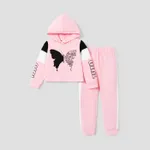 2-piece Kid Girl Butterfly Print Letter Hooded Sweatshirt and Pants Set Pink