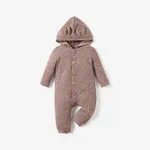 Baby Boy/Girl Heathered Ribbed Long-sleeve 3D Ears Hooded Button Down Jumpsuit Brown
