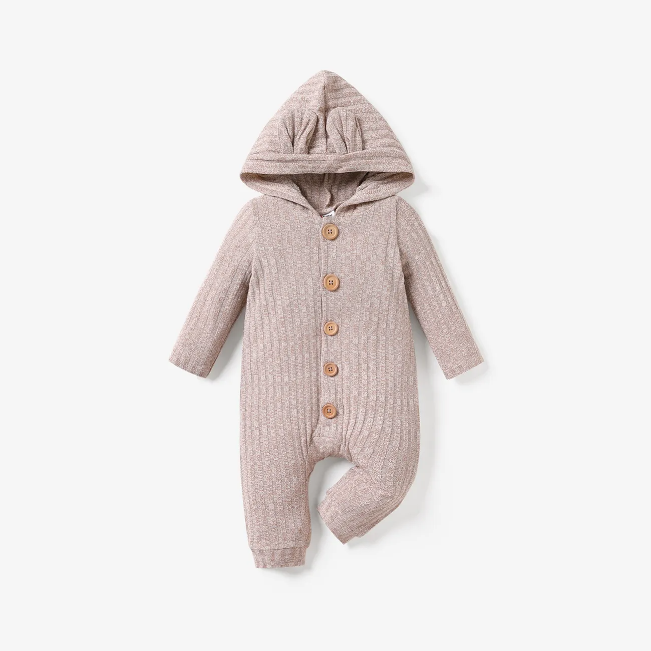 Baby Boy/Girl Heathered Ribbed Long-sleeve 3D Ears Hooded Button Down Jumpsuit Apricot big image 1