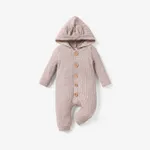Baby Boy/Girl Heathered Ribbed Long-sleeve 3D Ears Hooded Button Down Jumpsuit Apricot
