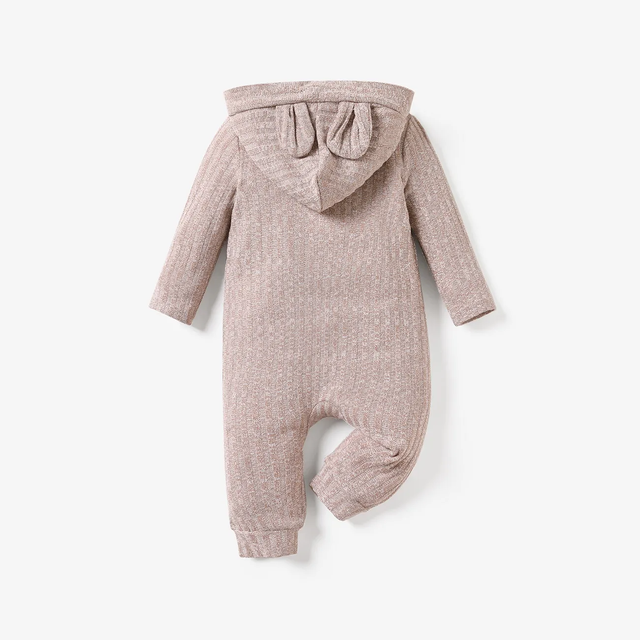 Baby Boy/Girl Heathered Ribbed Long-sleeve 3D Ears Hooded Button Down Jumpsuit Apricot big image 1